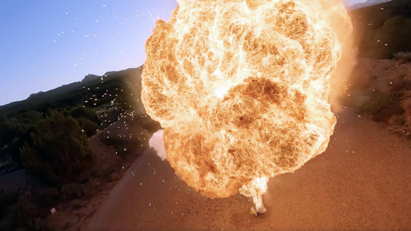 Video frame showing an explosion from Viridian Full-Blown Tactical video