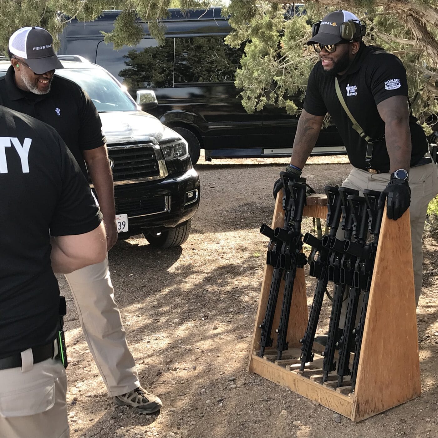 A rack full of SAINT rifles