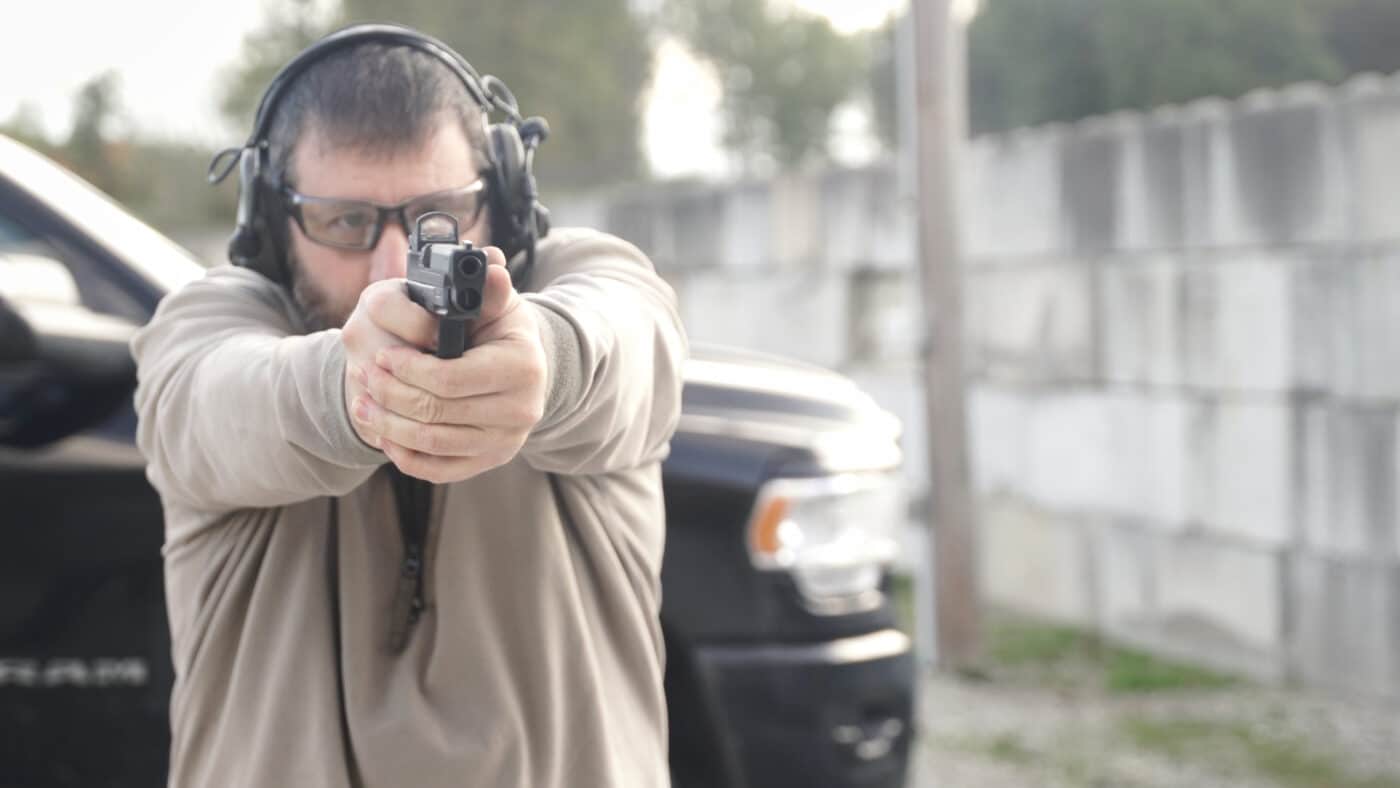 Man testing the slim XD-S Mod.2 9mm CCW pistol on the range