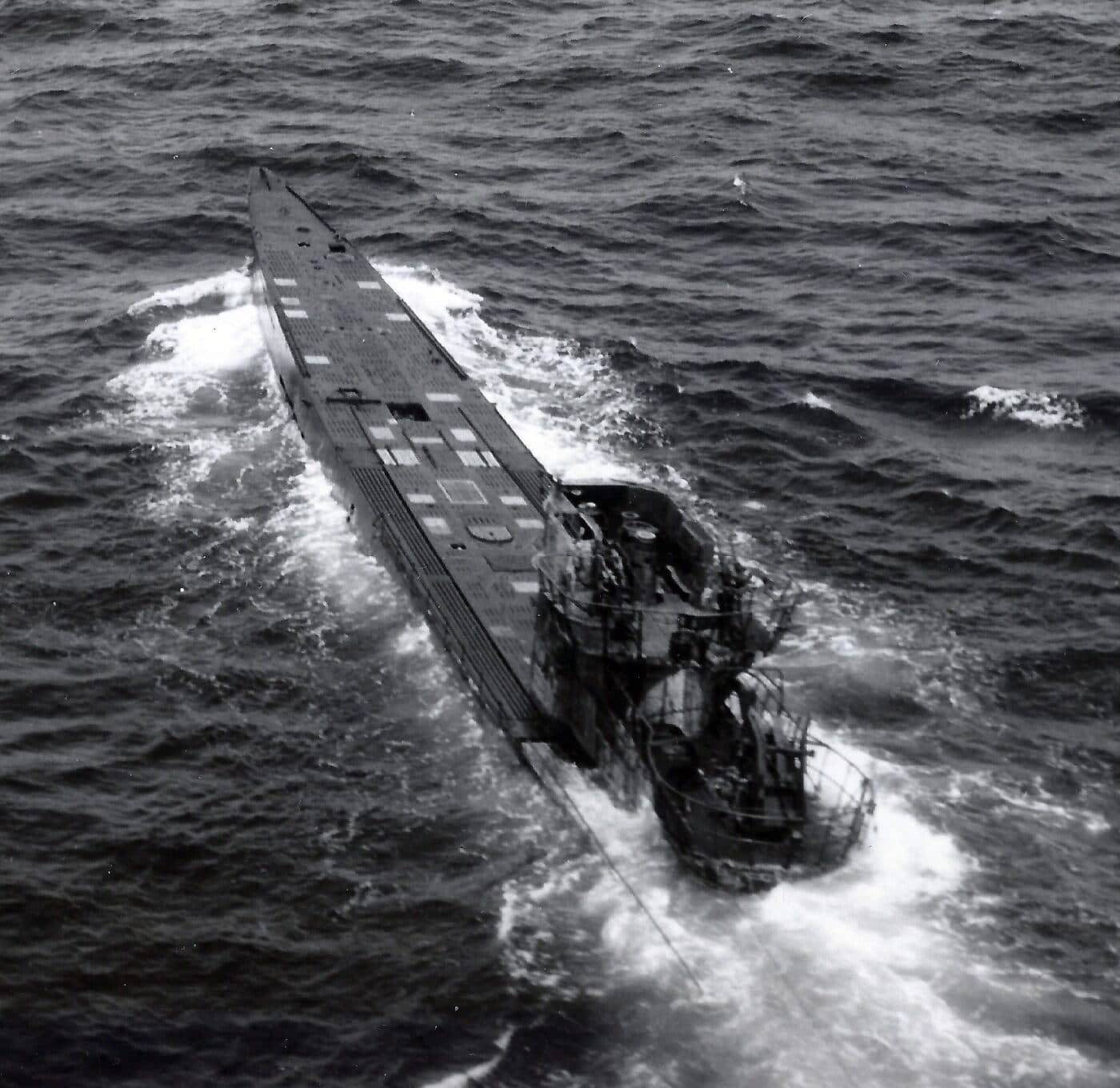 Damaged U-505 before boarding by US Navy personnel