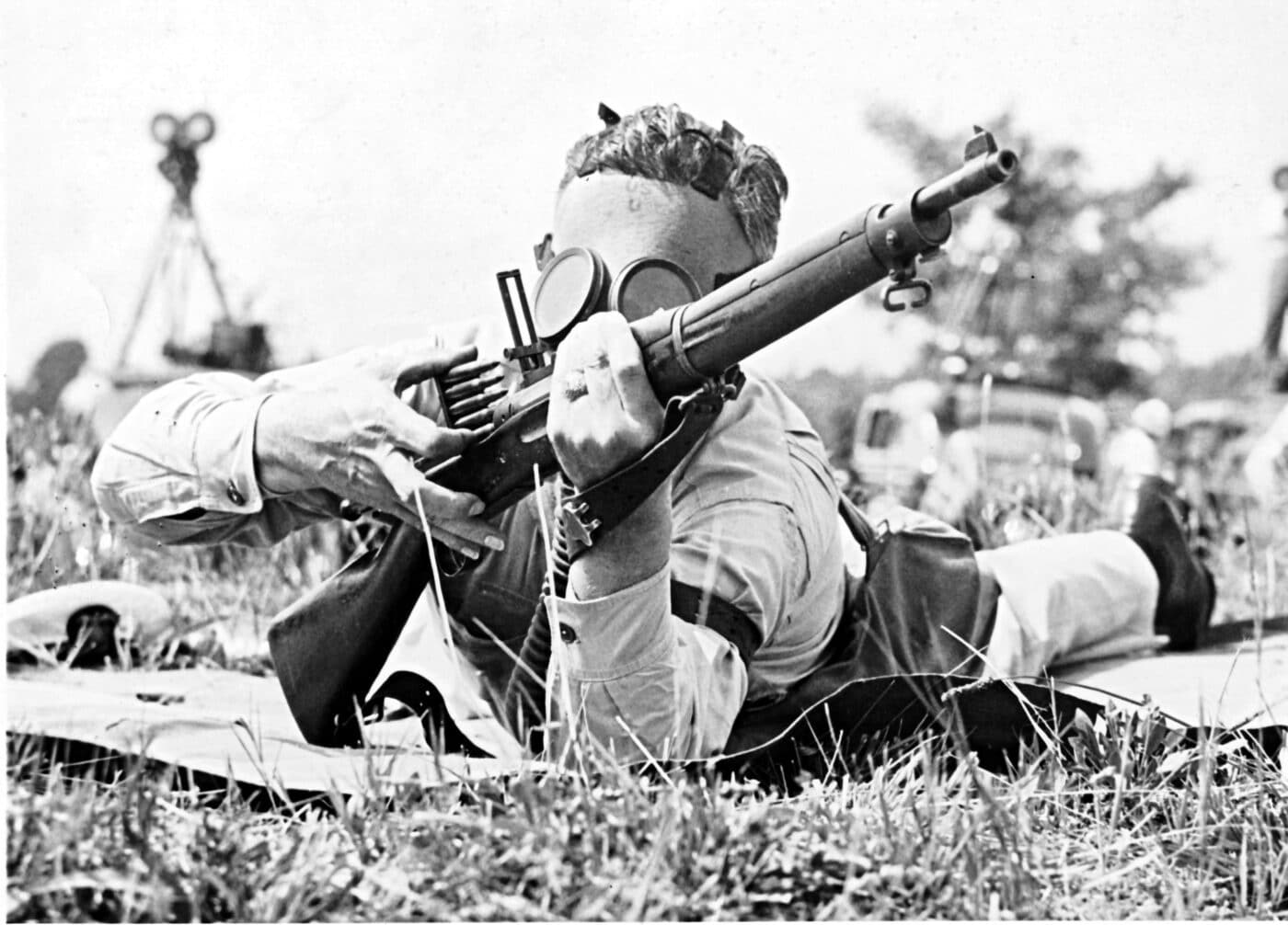 Soldier using M1903 at US Army Chemical Warfare Training Center at Edgewood Arsenal in July 1939