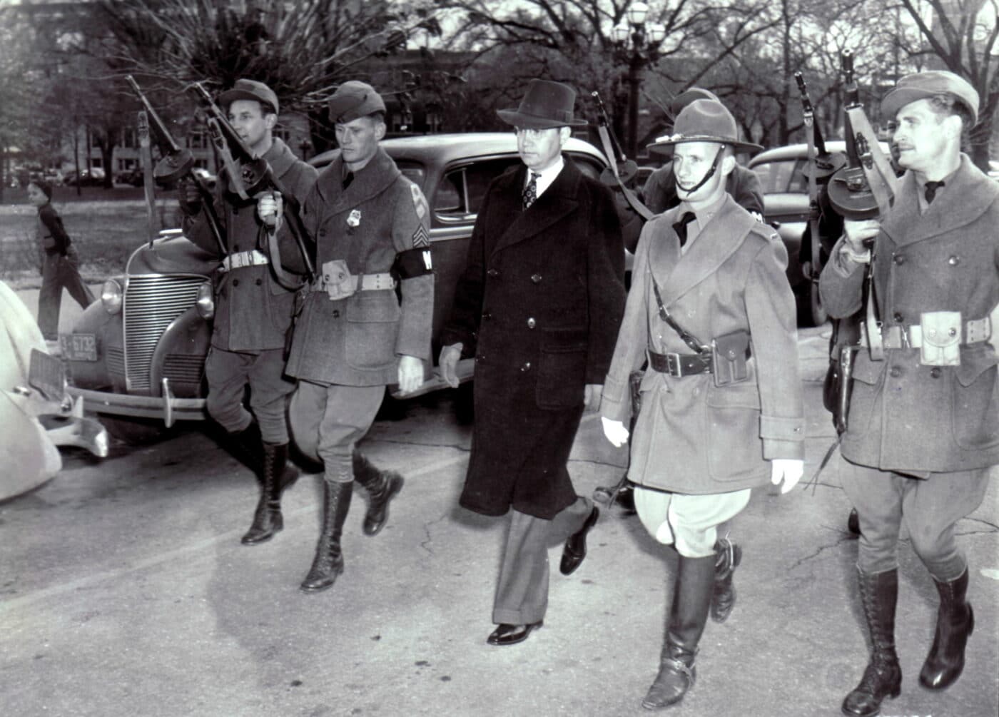 The 2nd Cavalry guarding Kansas Governor Ratner during war game exercises on November 11, 1941