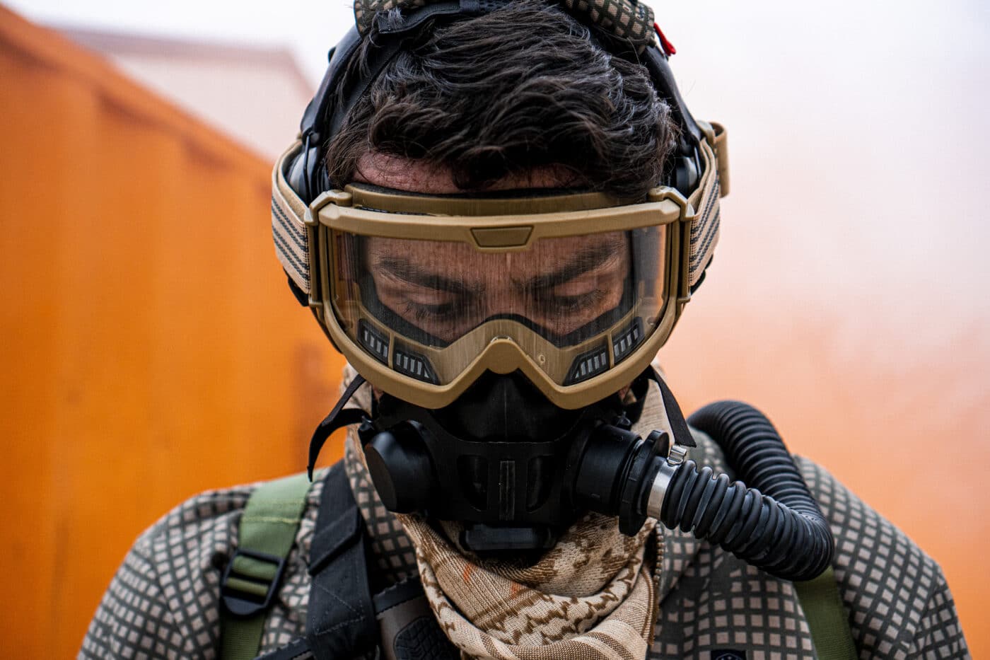 Man wearing tactical respirator