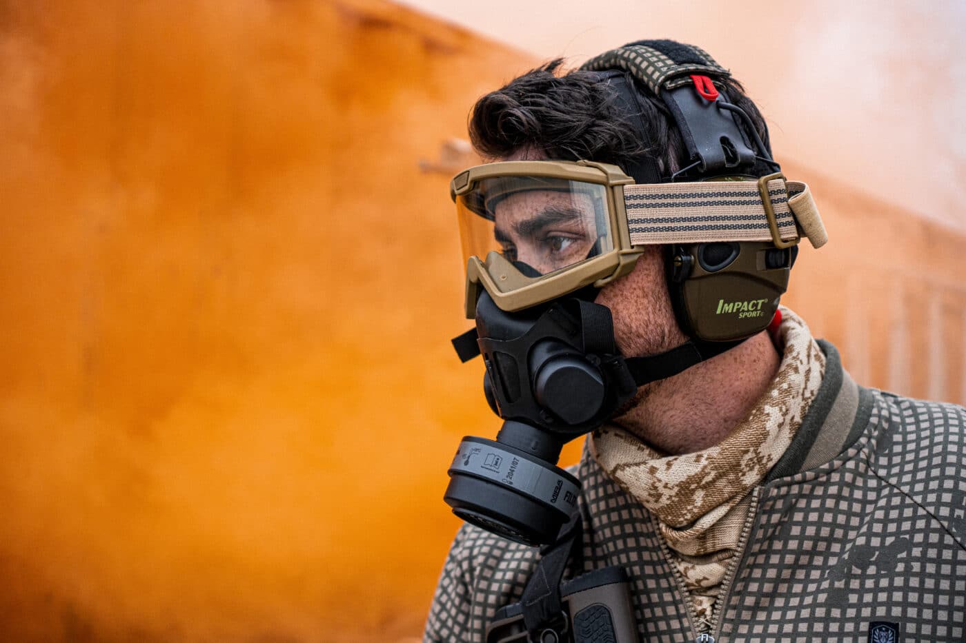 Man wearing tactical respirator filter