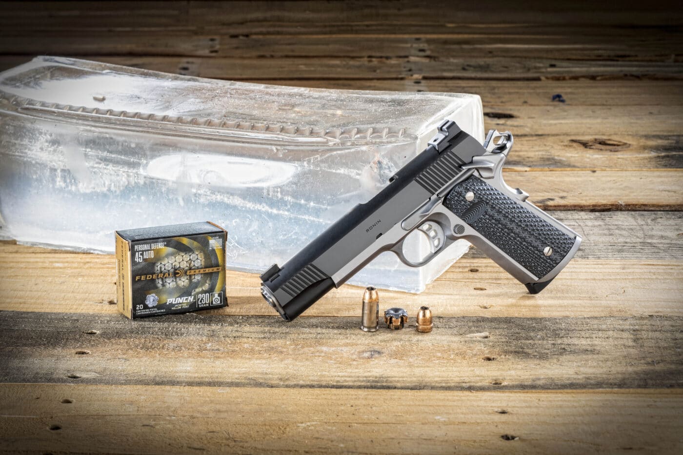 Preparing to gel test Federal Punch .45 ammo using a 1911 pistol