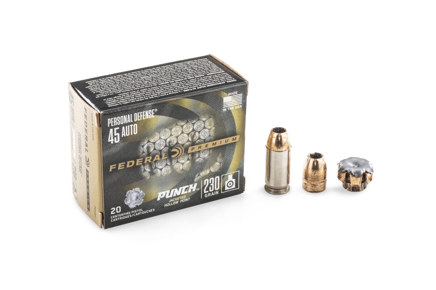 Federal Personal Defense Punch .45 ammo next to ammo box
