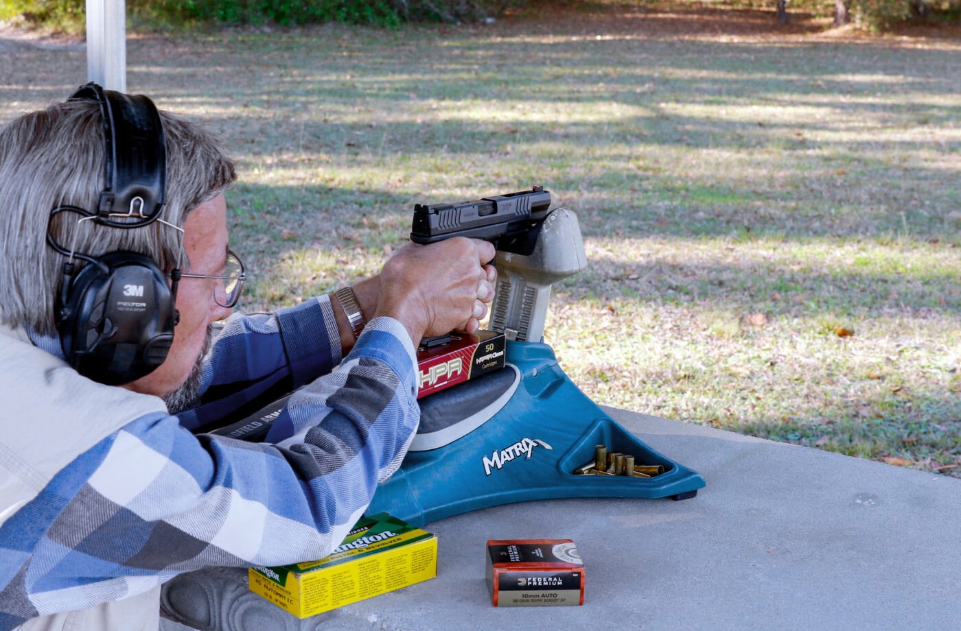 Ayoob shooting XD-M 10mm from bench rest