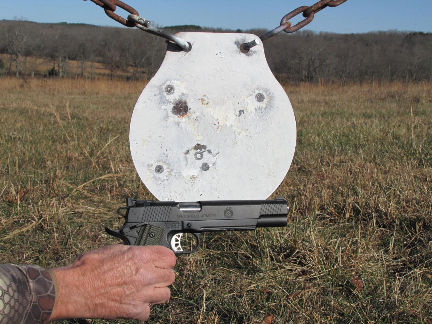 Hits on a steel target with 10mm Federal Solid Core ammo and Springfield 1911 pistol