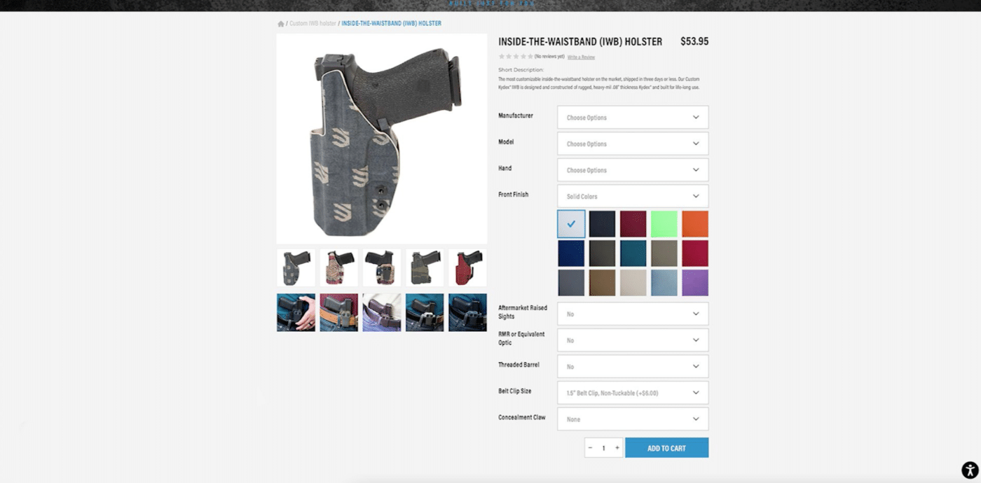 Screenshot of building a custom Blackhawk a holster online