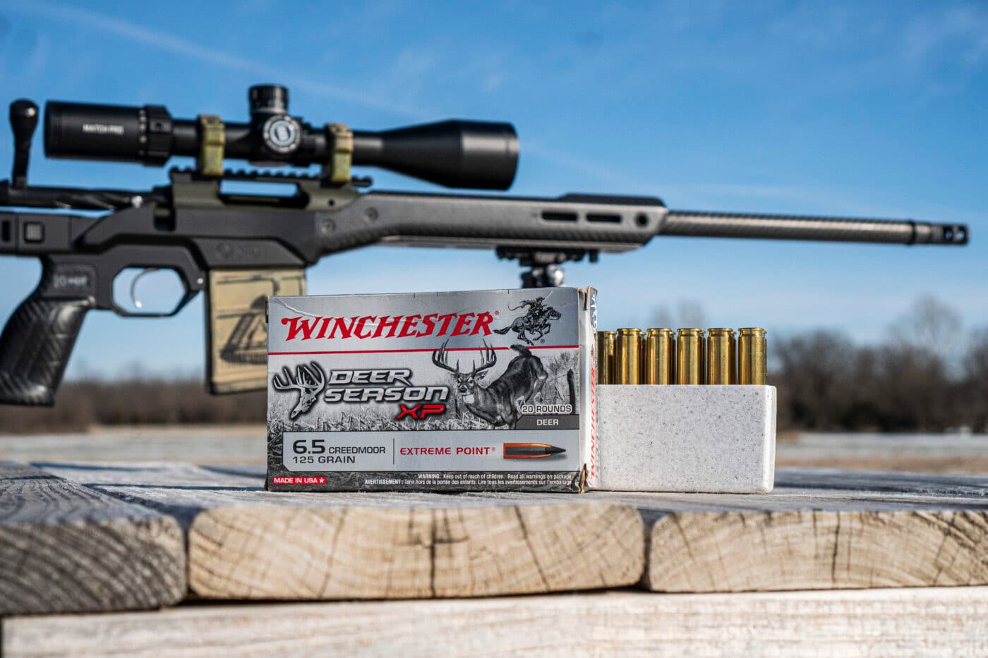 Testing at the range with the Springfield Waypoint rifle, MDT HNT26 chassis, and Winchester Deer Season ammo stock