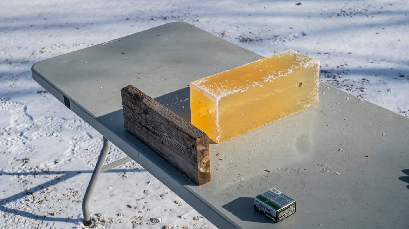 Shooting the Remington Ultimate Defense ammo through a piece of wood then into gel