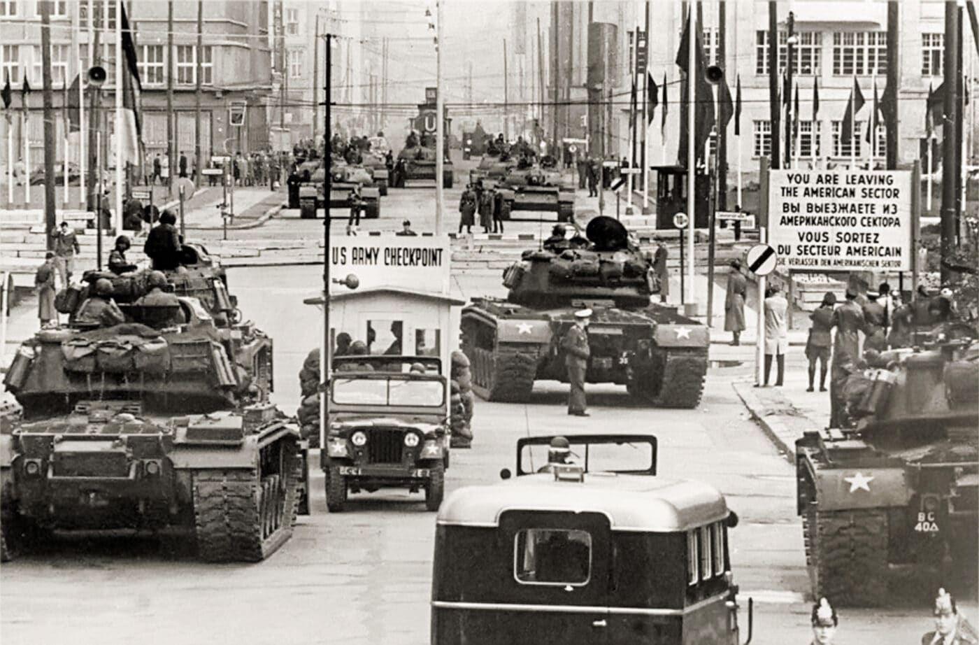 Checkpoint Charlie (Checkpoint C) crossing point between East and West Berlin during the Berlin Crisis of 1961