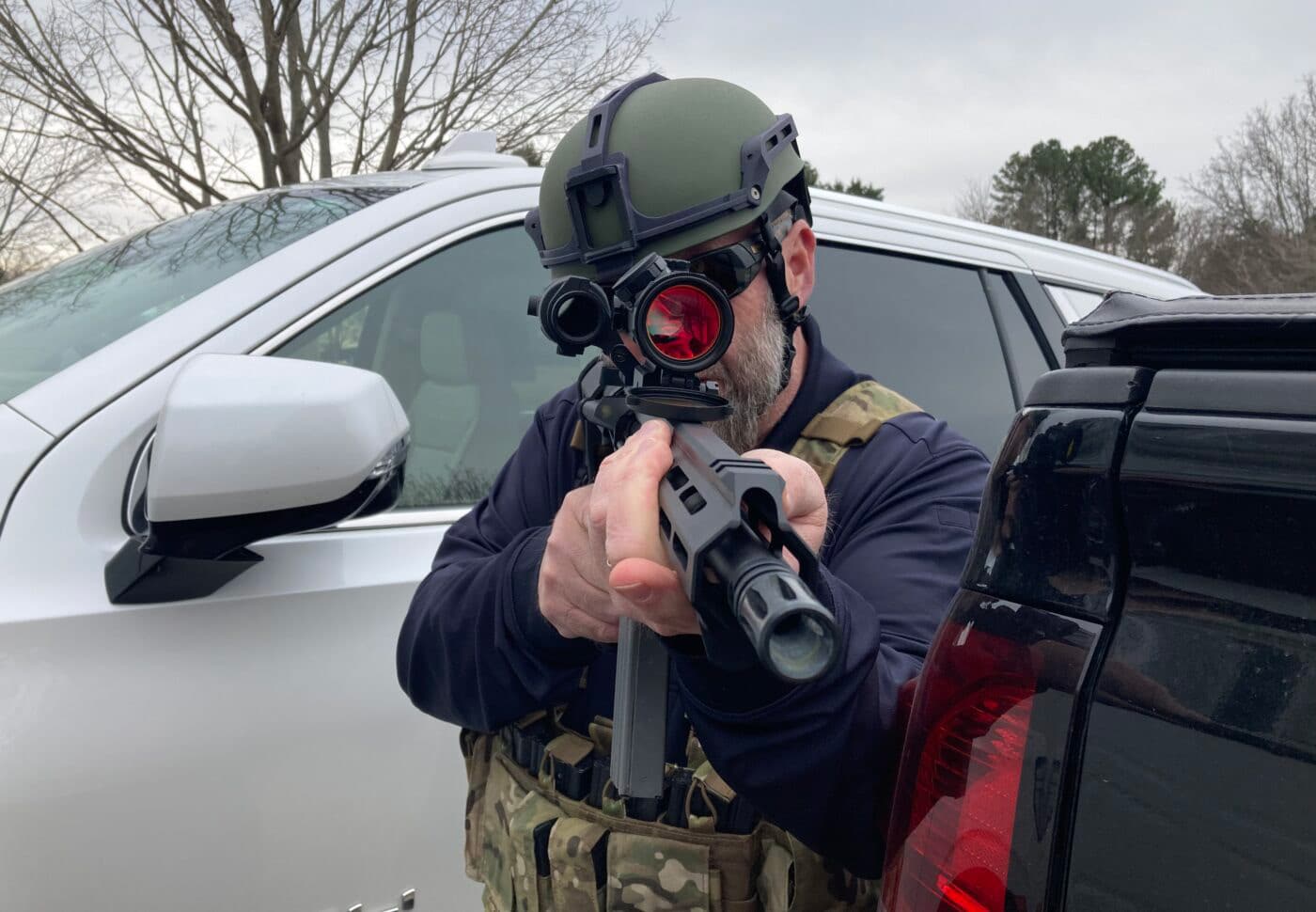 Man testing the Adept Armor steel helmet