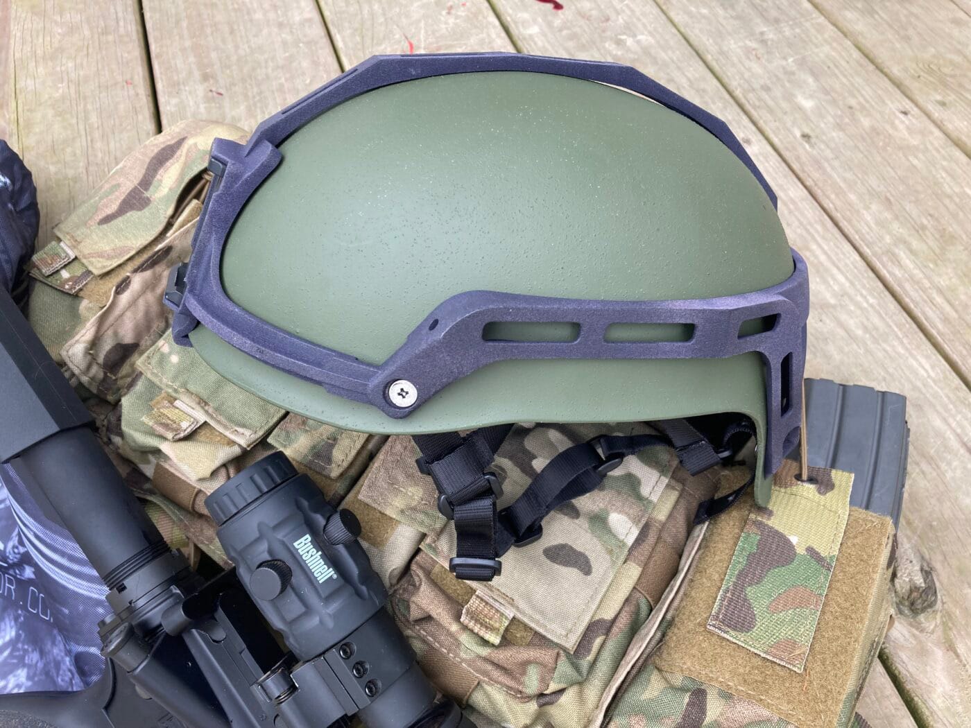 Adept Armor helmet with AR-15 rifle and Mayflower chest rig
