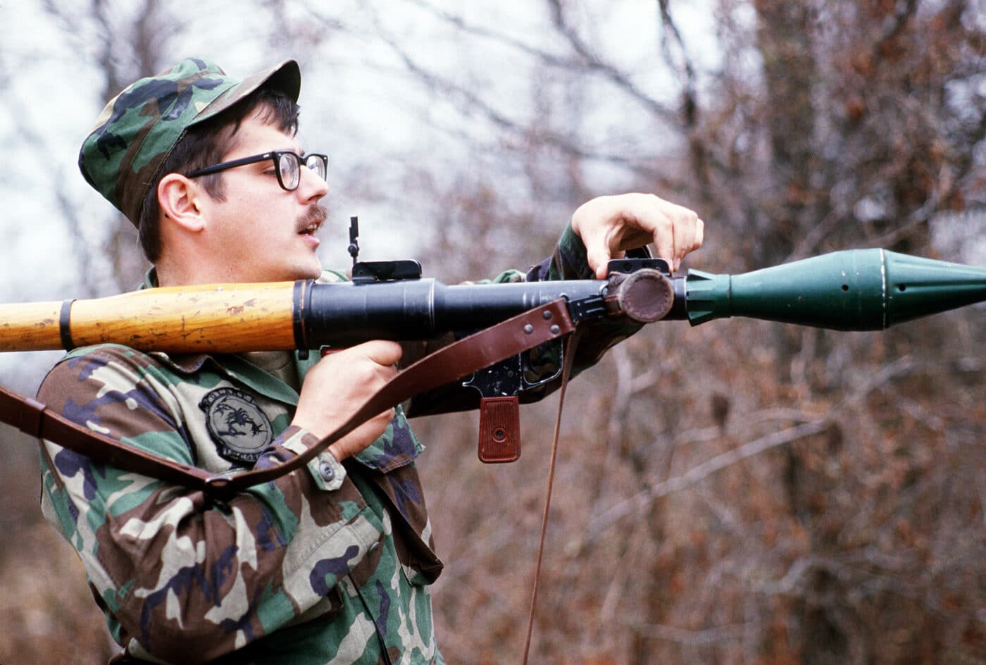 Staff Sgt. James Bradsher demonstrates the use of a Soviet made RPG-7 in 1984