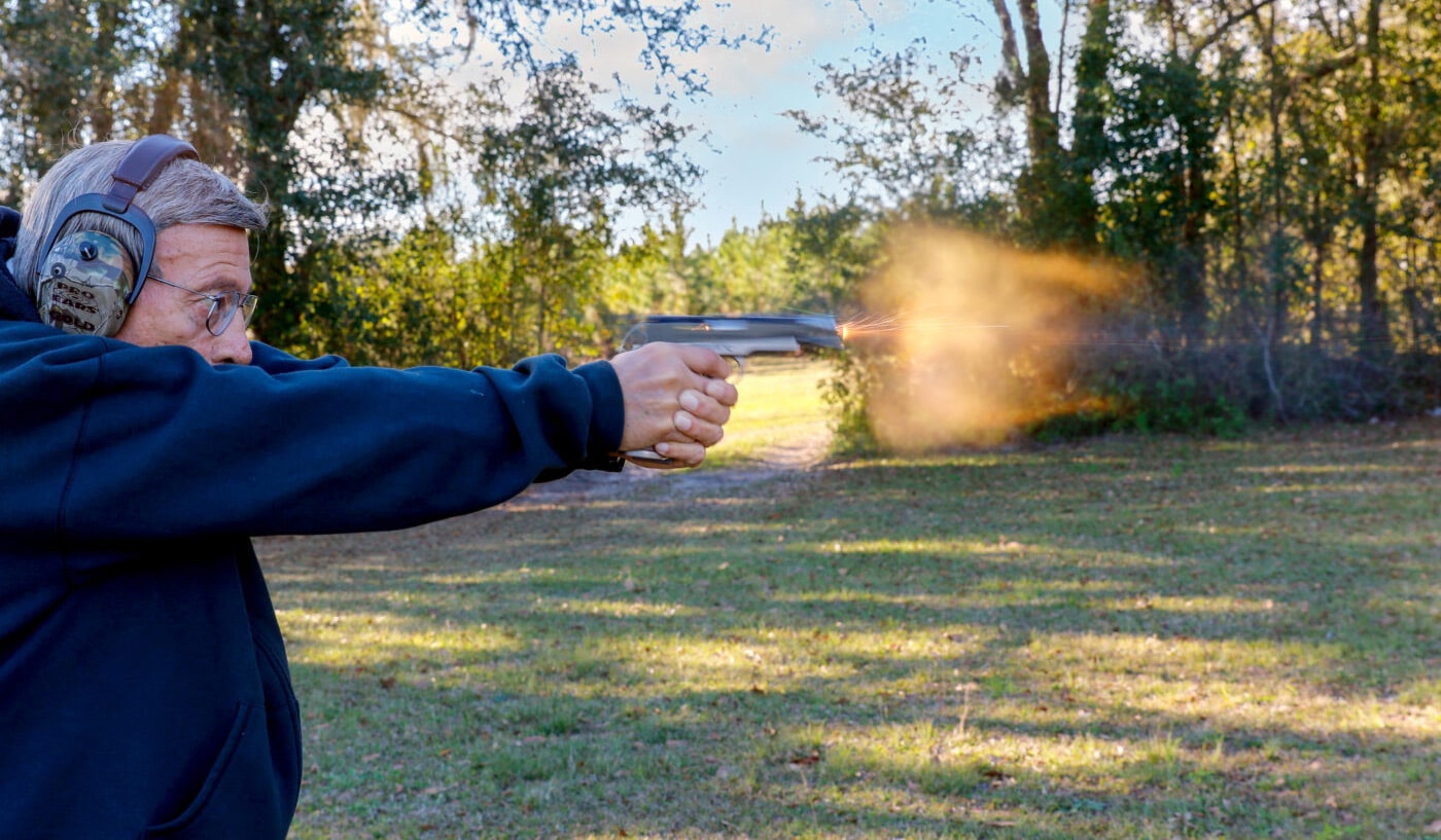 Massad Ayoob shooting his custom Springfield 1911 pistol