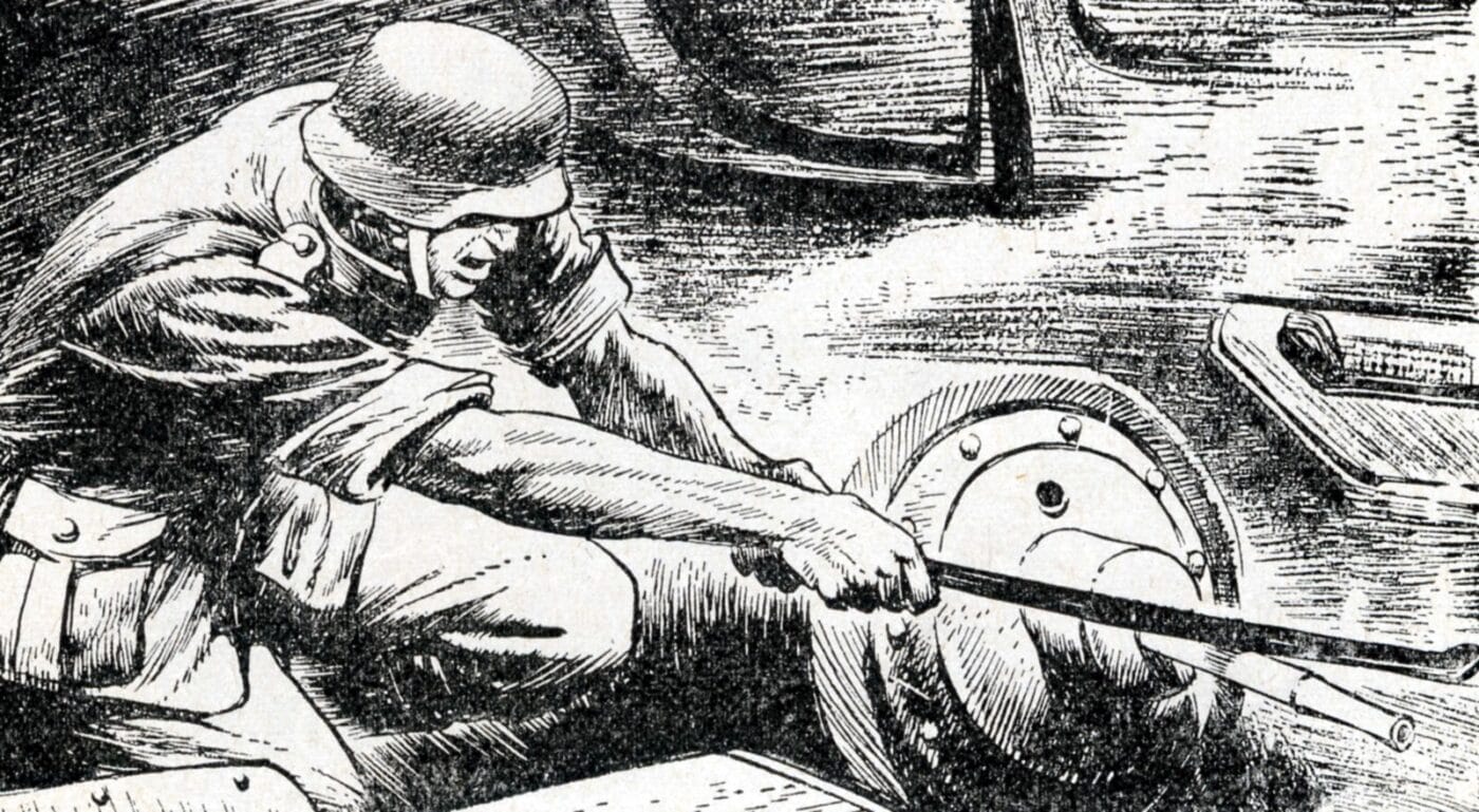 An illustration from a German wartime training manual of a soldier bending the enemy’s gun barrel with a crowbar