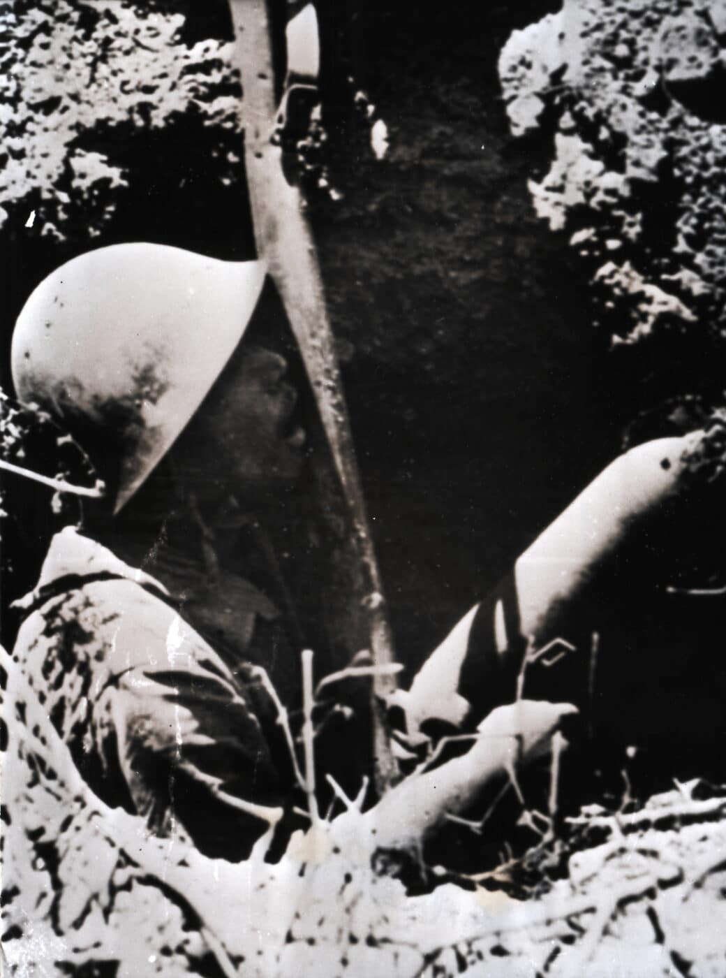 A Japanese soldier in a foxhole