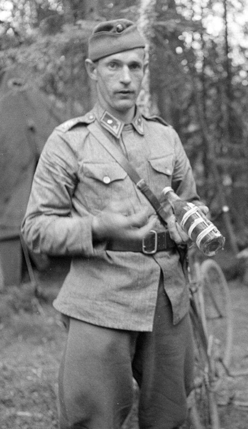 Finnish trooper with Molotov cocktail