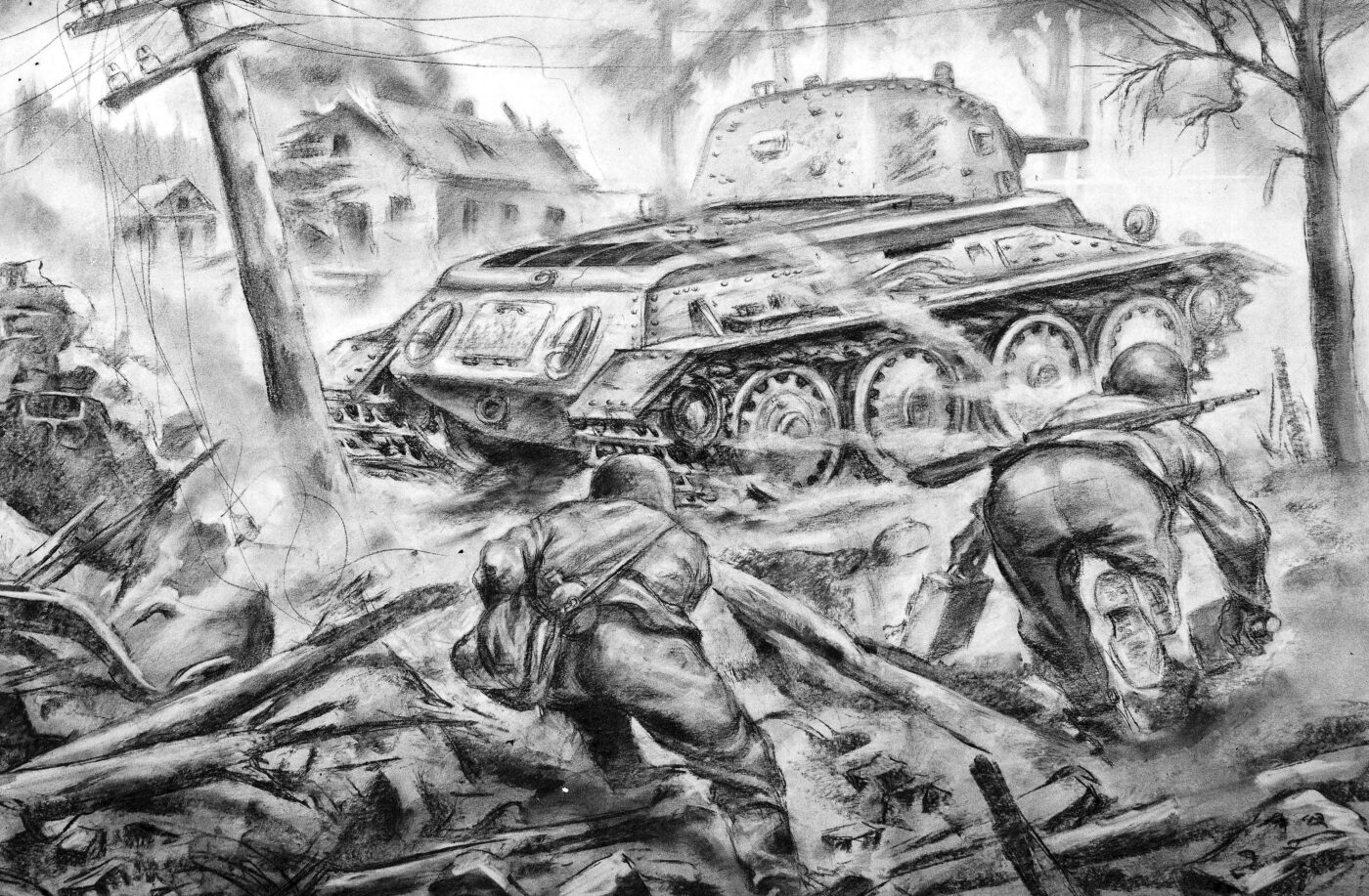 Finnish illustration showing a tank-hunter team creeping up on Soviet tank with demolition charges and Molotov cocktails