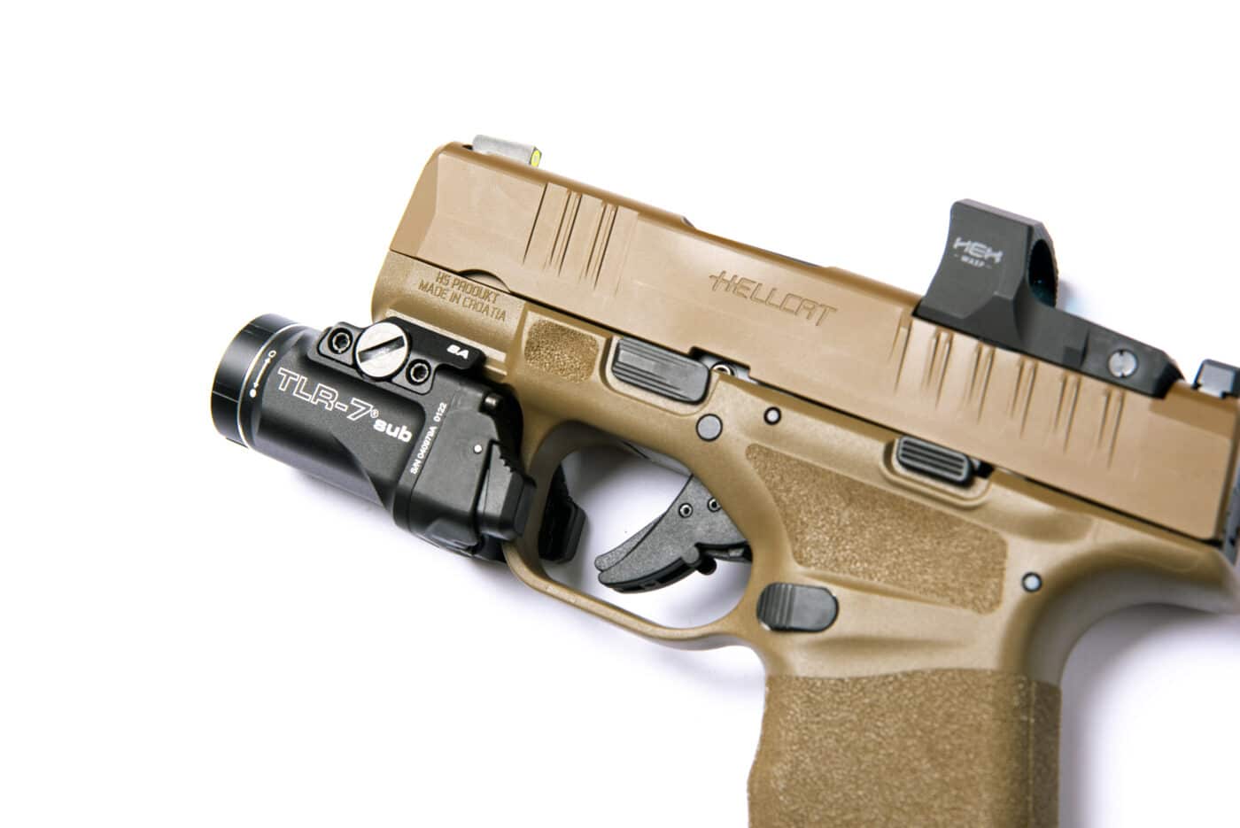 Springfield Hellcat pistol with Streamlight TLR-7 Sub weaponlight mounted