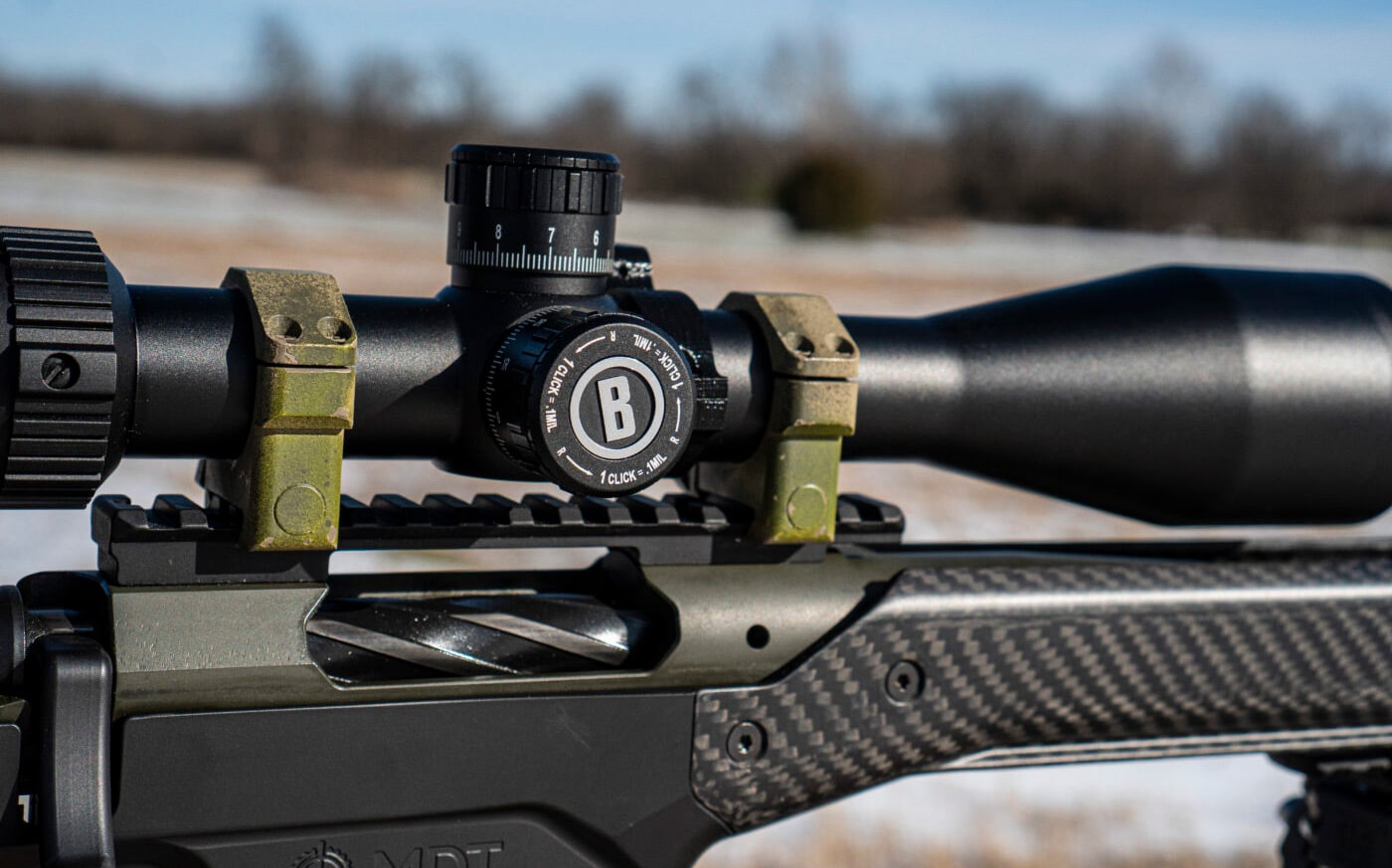 Detail of Bushnell Match Pro scope mounted to Waypoint rifle