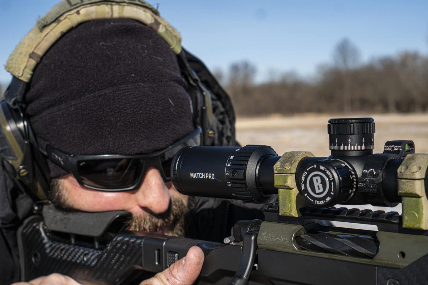 Man demonstrating eye relief of Bushnell Match Pro scope