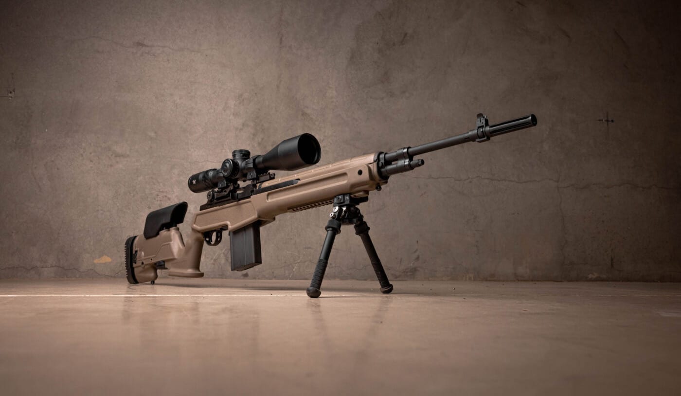 M1A rifle in FDE with Atlas bipod