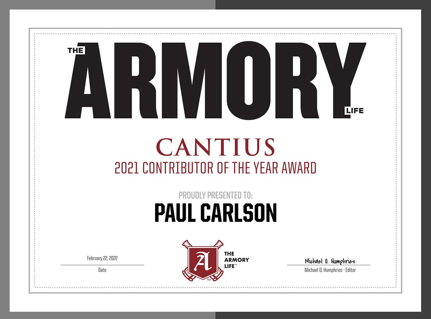 Cantius Award certificate