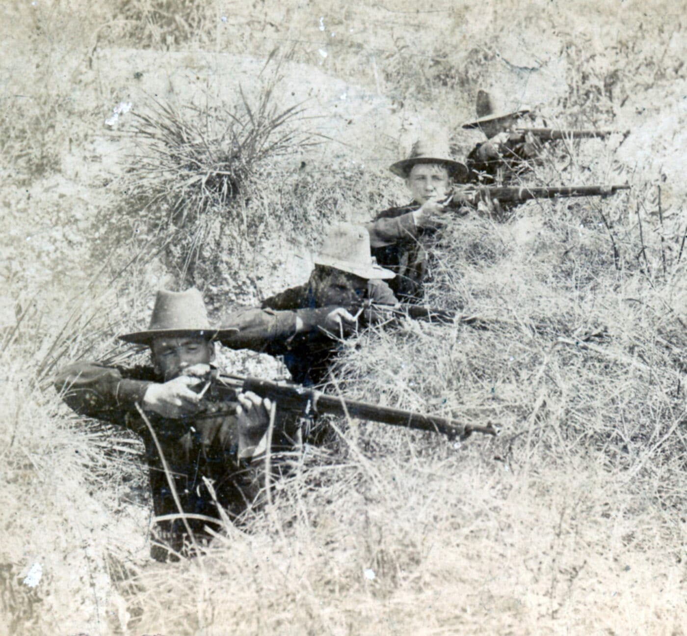 Soldiers using Krag Jorg rifles in action during the Spanish-American War