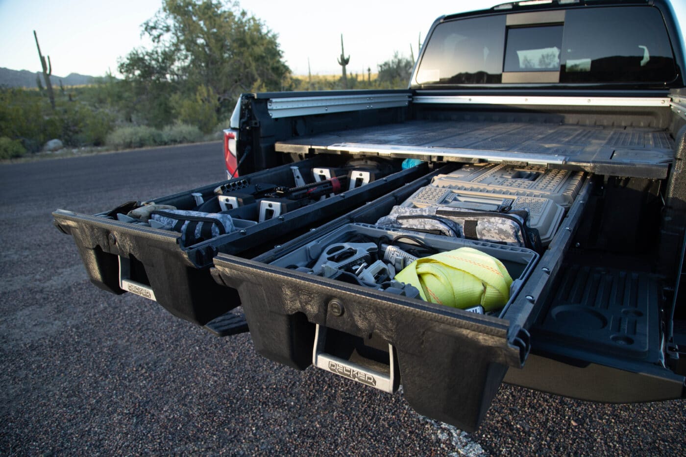 Loaded drawers in truck bed