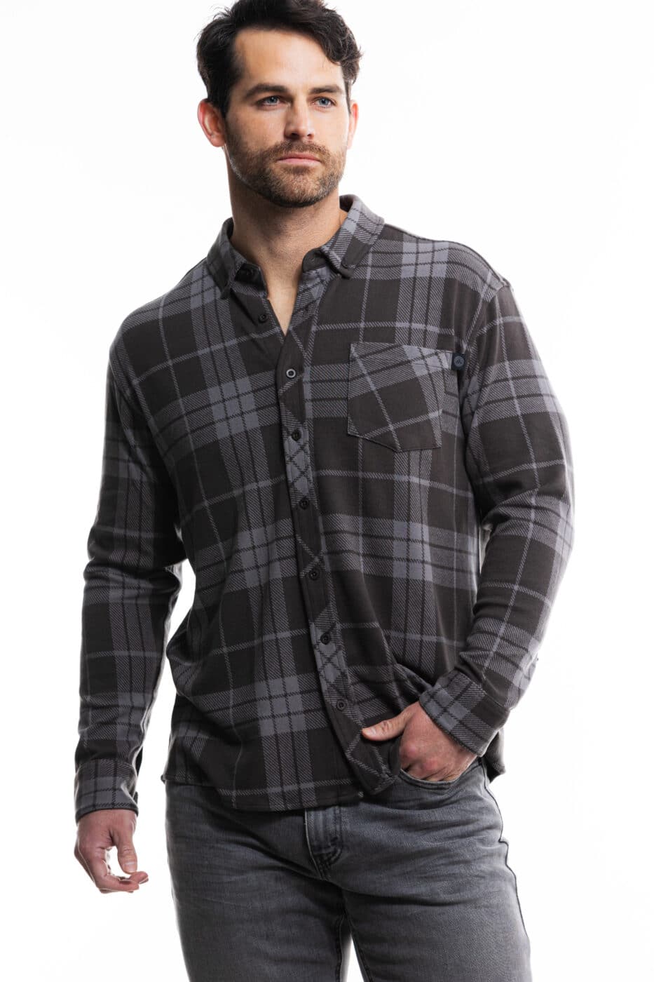Man modeling Ultra-Stretch Flannel Shirt from the Alexo Athletica x Springfield Armory collection