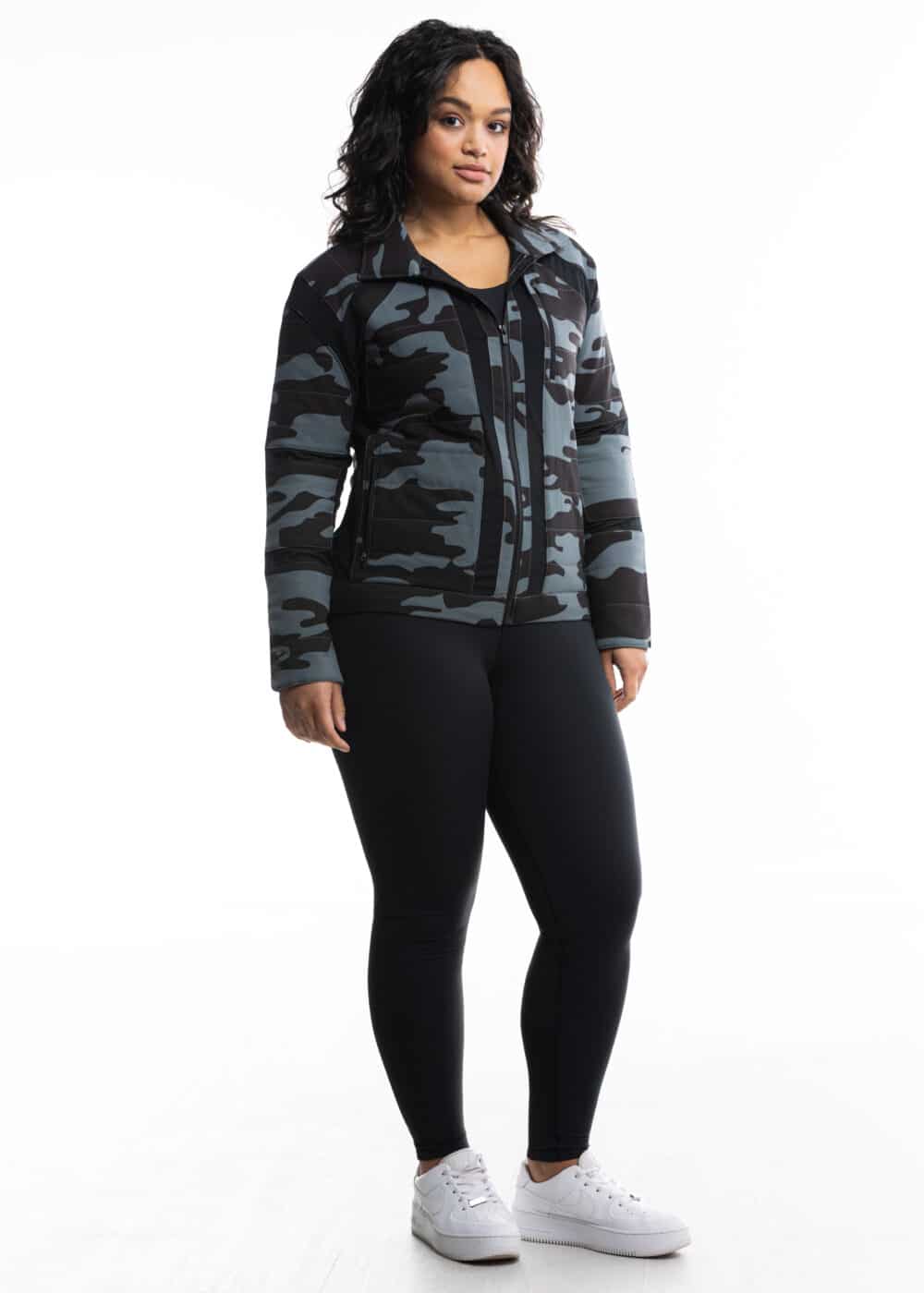 Woman modeling Breezy Moto Jacket from the Alexo Athletica x Springfield Armory collection