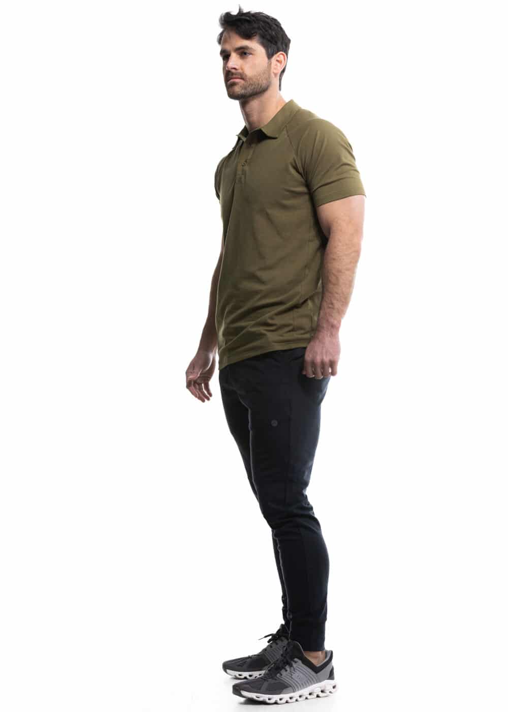 Man modeling Performance CC Jogger and Classic Pique Polo from the Alexo Athletica x Springfield Armory collection