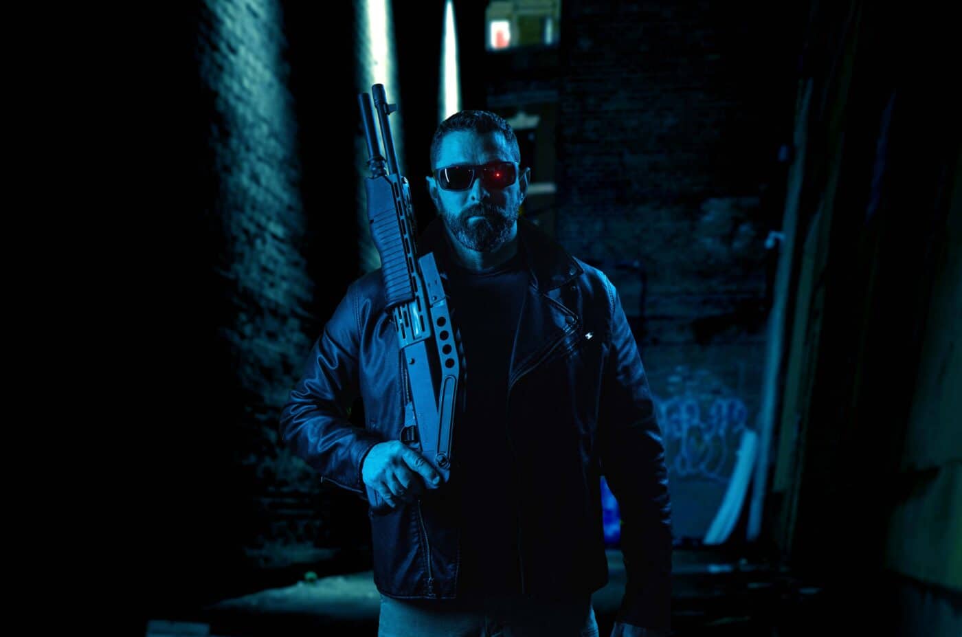 Man dressed as The Terminator with SPAS-12 shotgun