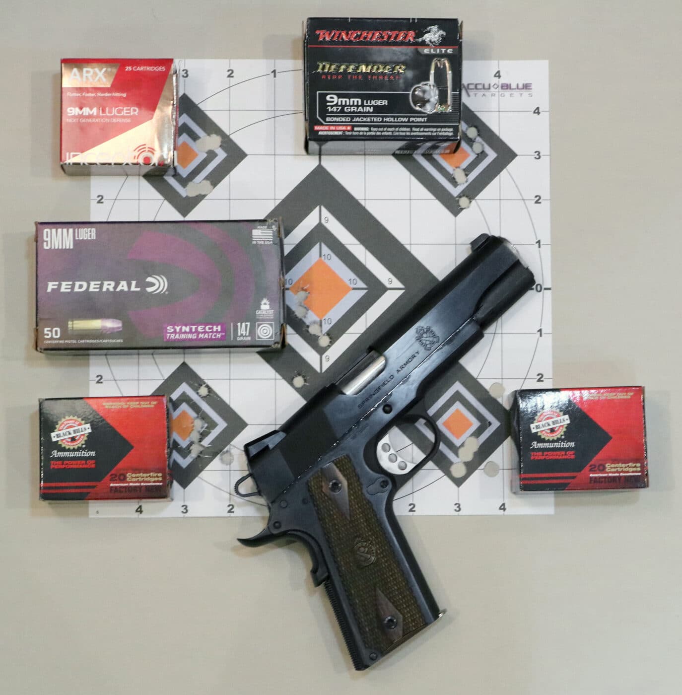 Springfield Armory Garrison 9mm with ammo and target