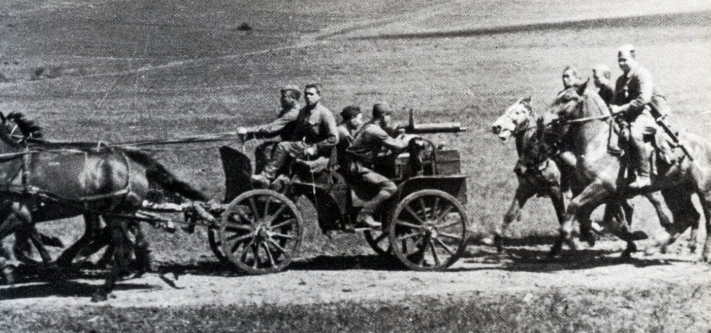 Maxim machine gun mounted on a cart, called a Tachanka
