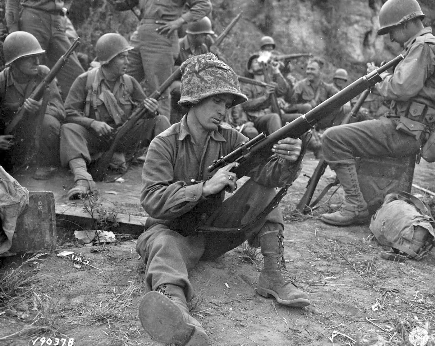 A M1903A4-equipped sniper of the 36th Infantry Division near Valletri, Italy during May 1944