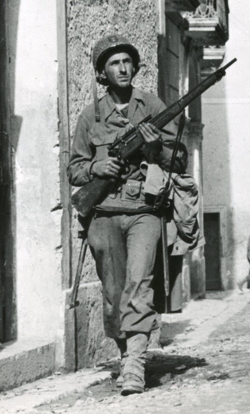 A U.S. Army sniper of the 34th Infantry Division in Italy during late 1943 in World War II