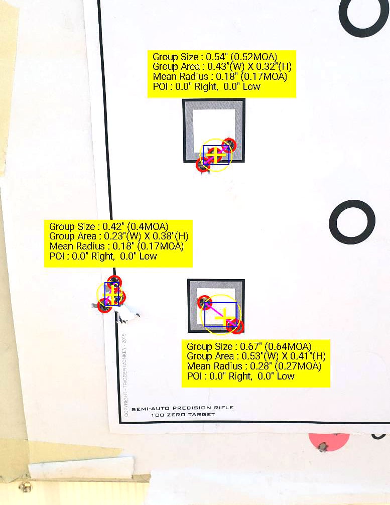 SAINT Edge ATC target groups that were shot with .223 Rem Federal Gold Medal Match loads using Sierra MatchKing 69-gr. bullets.