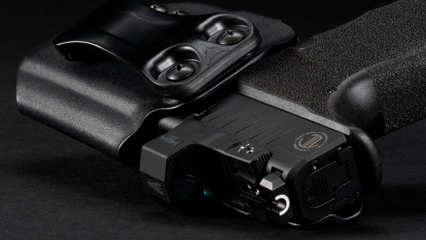 Hellcat pistol holstered inside an optics-cut Blade-Tech Nano holster