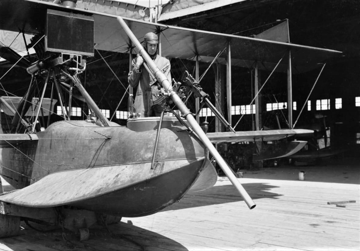 Davis Gun and attached Lewis MG mounted on the nose of a Curtiss F-5-L flying boat