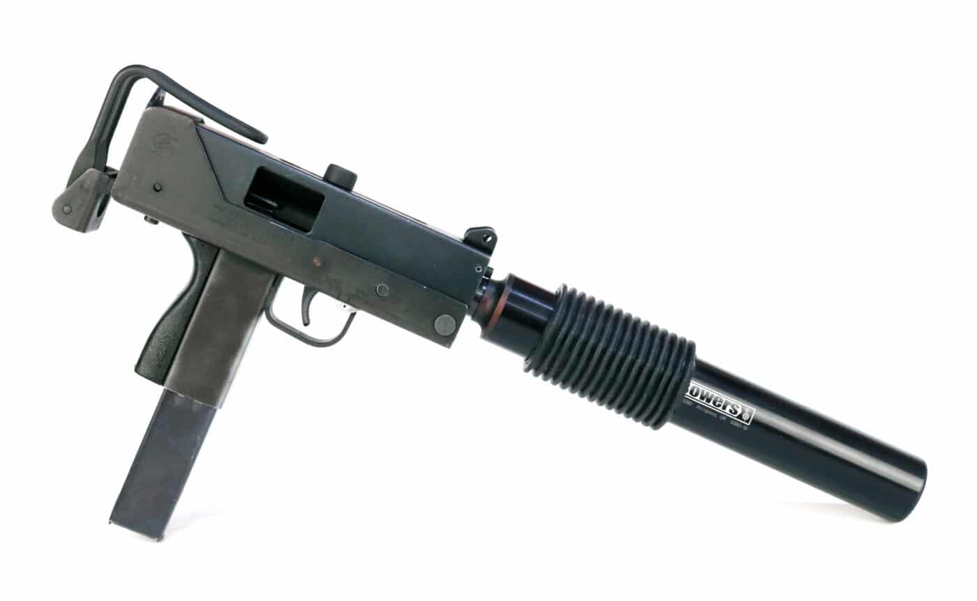 Suppressor on 9mm MAC-10 submachine gun