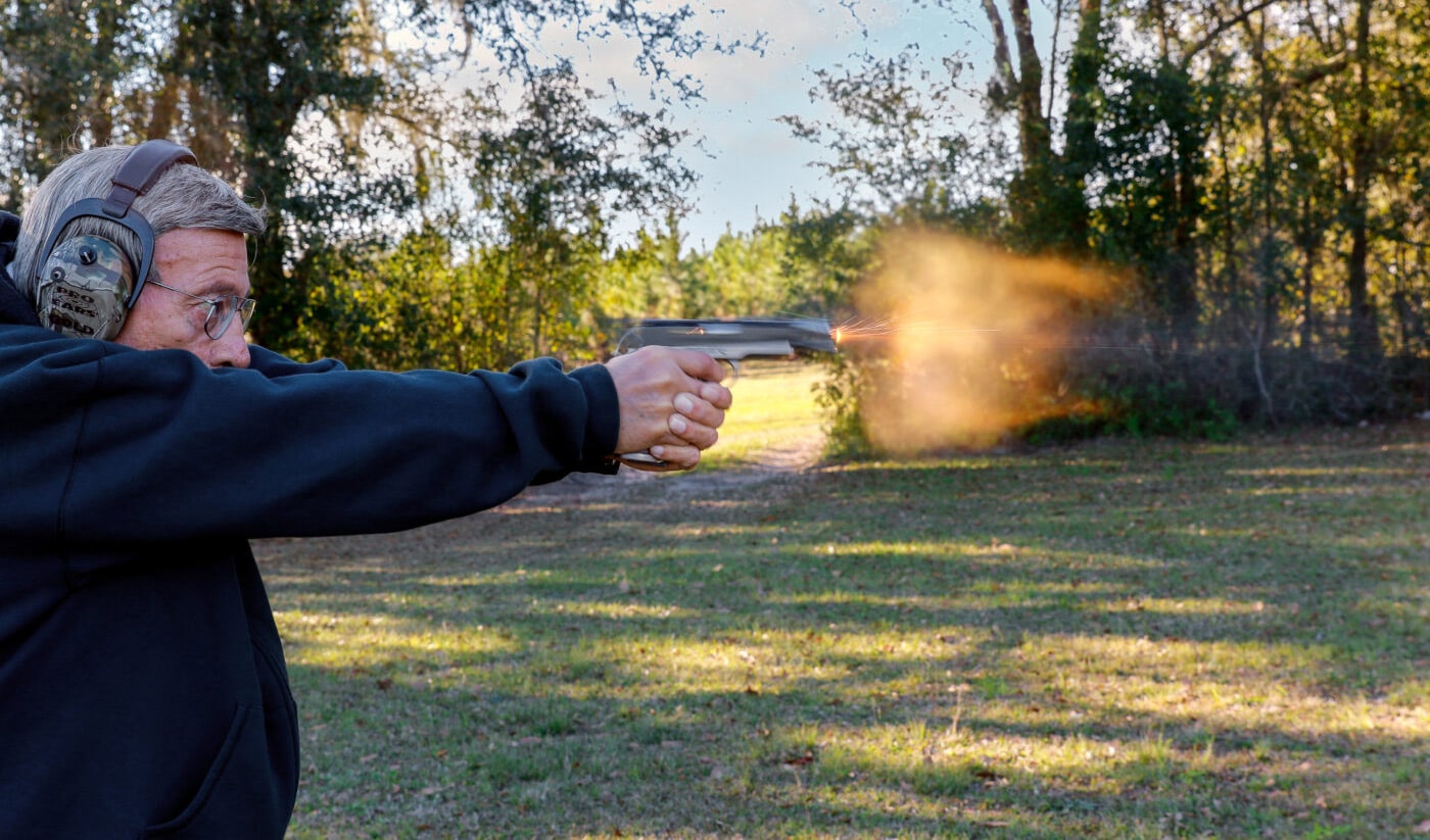 Massad Ayoob shooting a Springfield TGO-II 1911 pistol