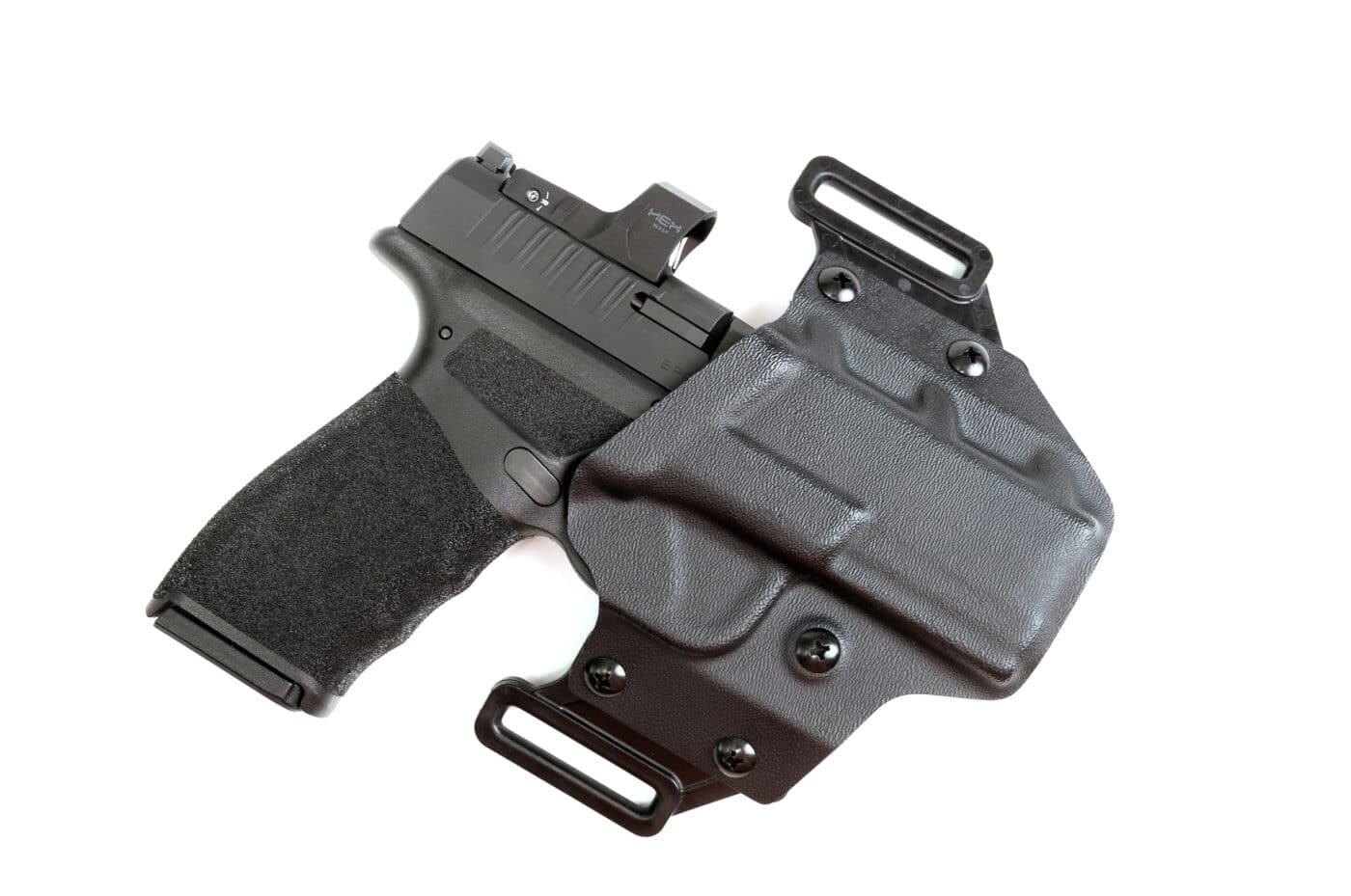 Crucial Concealment Covert OWB Holster for the Hellcat Pro with pistol holstered inside