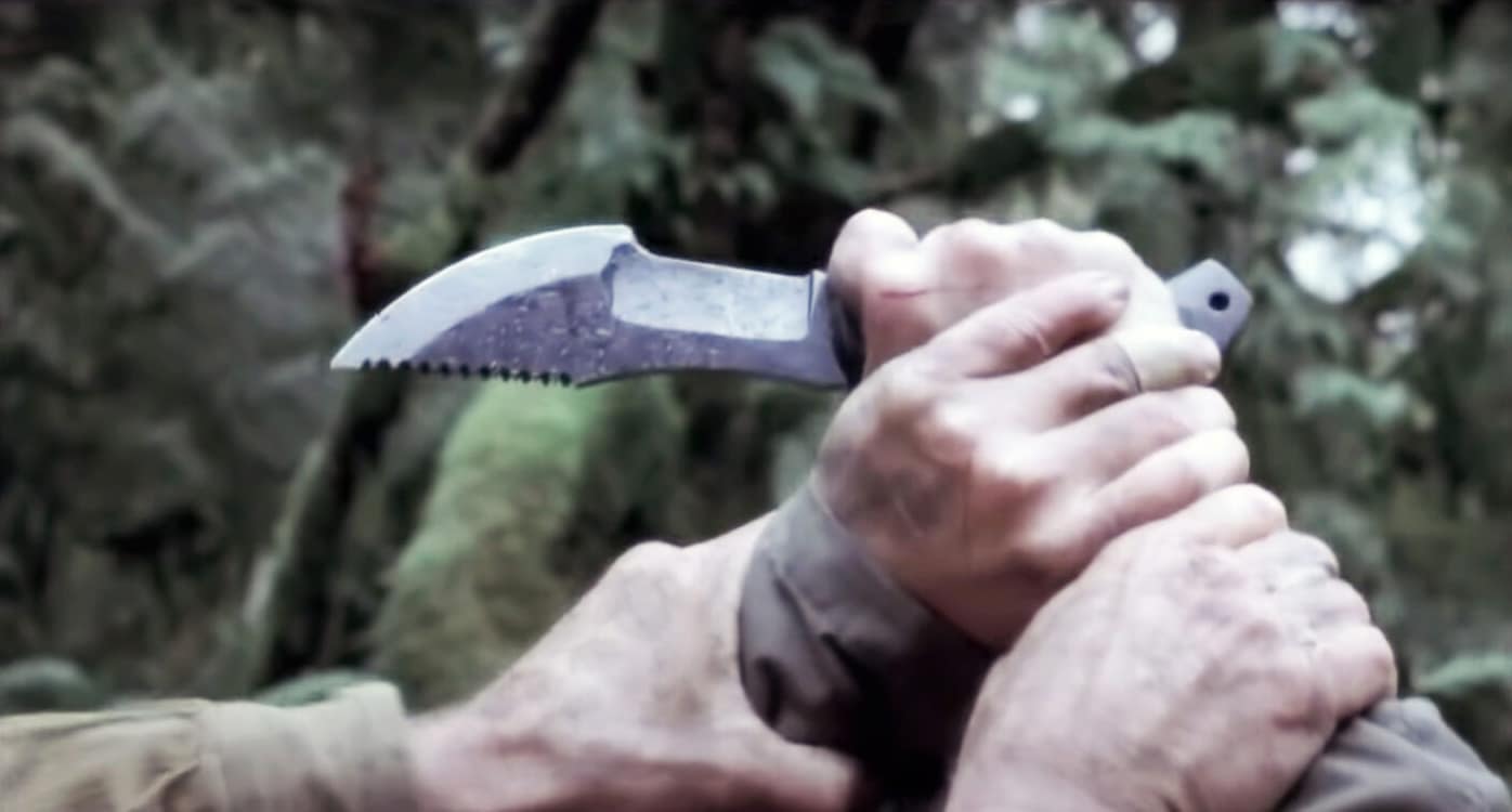 Tom Brown knife shown in a still from The Hunted movie