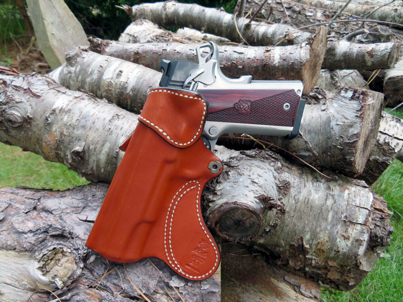 Springfield Armory Ronin 10mm 1911 pistol inside a holster resting on cut logs