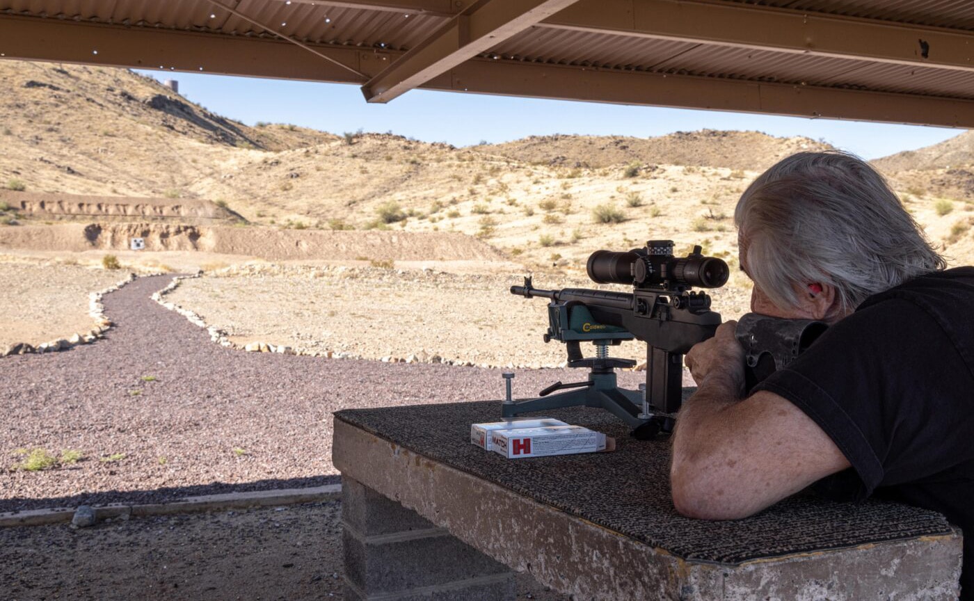 Ron Smith testing out the new Crazy Horse M1A custom rifle at the range