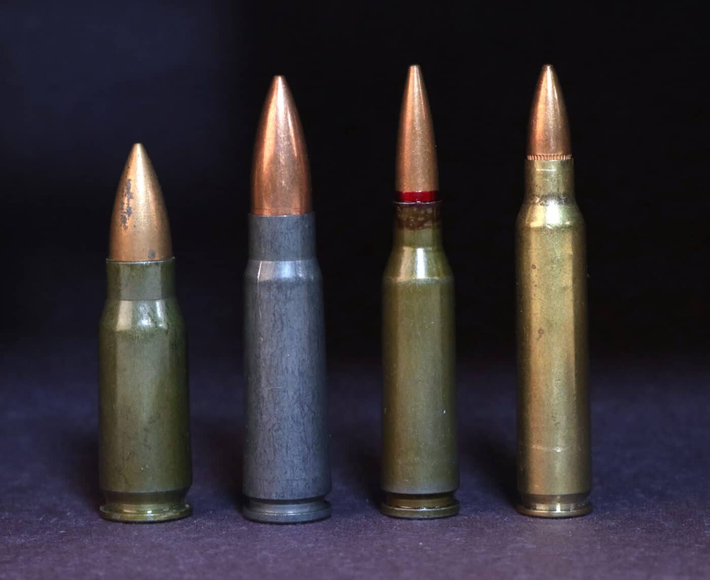 7.92x33mm Kurz for the German StG44, the AK-47’s 7.62x39mm, the AK-74’s 5.45x39mm, and the M16’s 5.56x45mm.