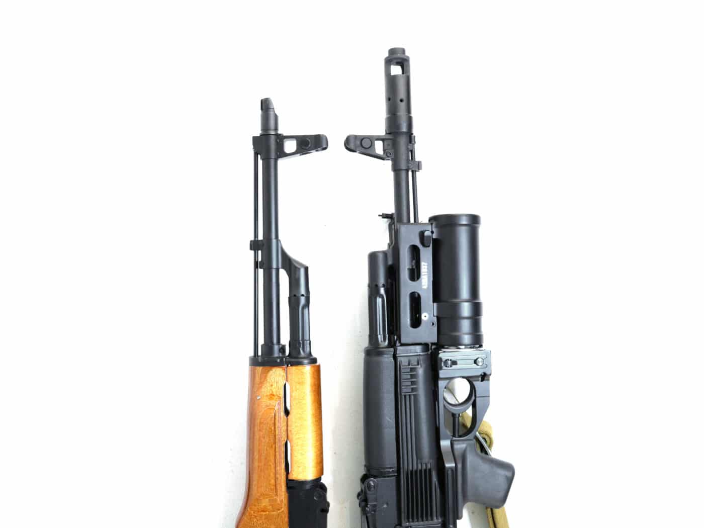 Muzzle brake on the AK-74M (right) vs. brake on the AKM (left)